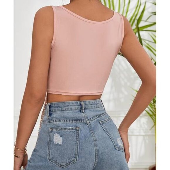 Pink Embroidered Lace Fringe Crop Top Tassel V-Neck Sleeveless Tank Top Cami - Picture 4 of 5